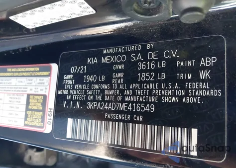 2021 Kia Rio Lx z USA, uszkodzony, nr VIN 3KPA24AD7ME416549